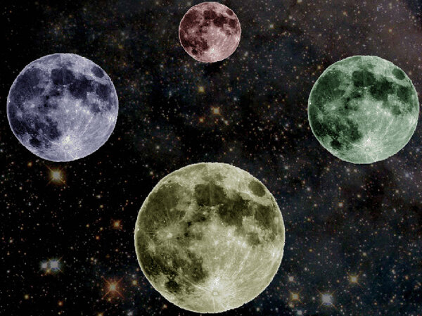 Four Great Coloured Moons in Deep Space