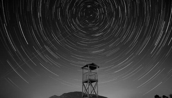 Lifeguard Tower - Startrails Northern Sky - Bw