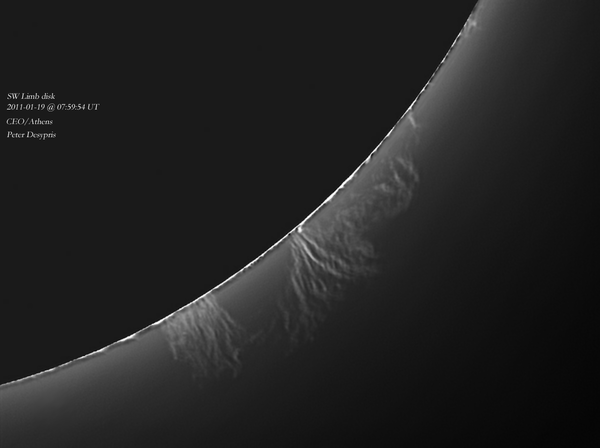 Prominences on SW Limb Disk...19-01-2011