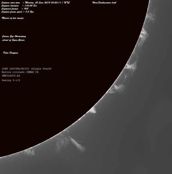 Prominences on West-southwestern Limb on 25-06-2012