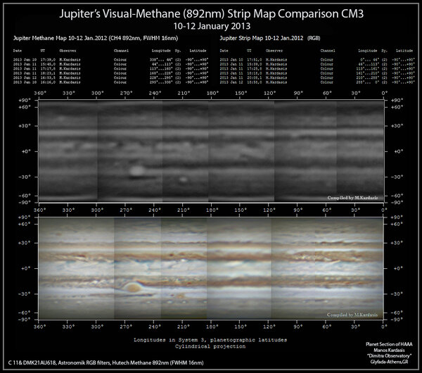 Xάρτες σύγκρισης του Δία στο οπτικού φάσμα και στο φάσμα του μεθανίου