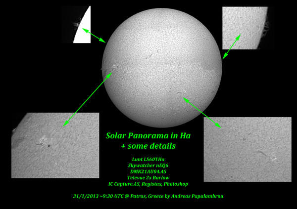 Ηλιακό πανόραμα στο Hα (και μερικές λεπτομέρειες) 31/1/2013