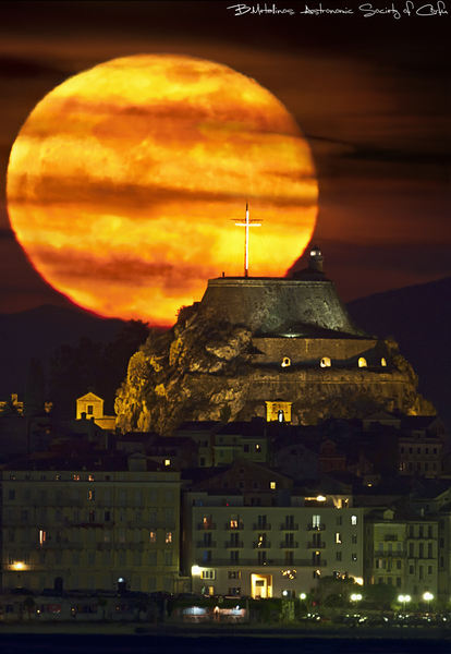 Supermoon Against Old Fortress Of Corfu