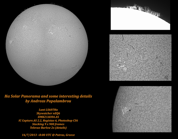 Ηλιακό πανόραμα στο Hα 16/7/2013... και λεπτομέρειες