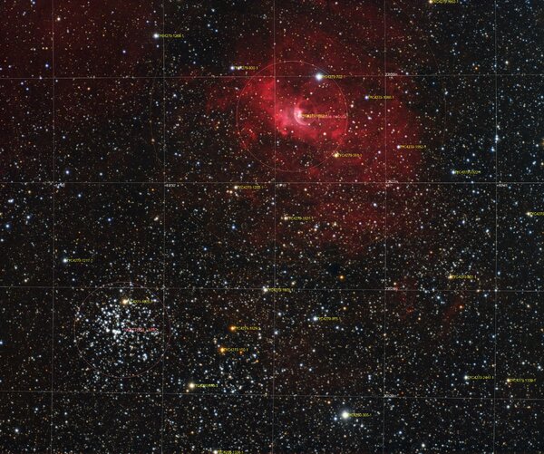 Har-g-b Bubble Nebula + M52 (ngc7635, Ngc7654) Annotated