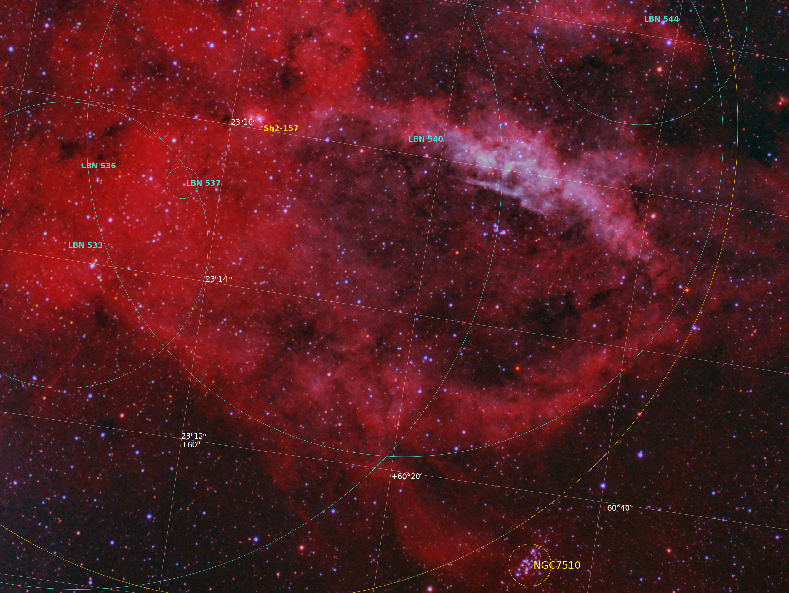 Annotated Lobster Claw nebula (SH2-157) HaR-O3G-O3B , NGC7510, LBN 533,536,537,540,544, PLN 110-0.1
