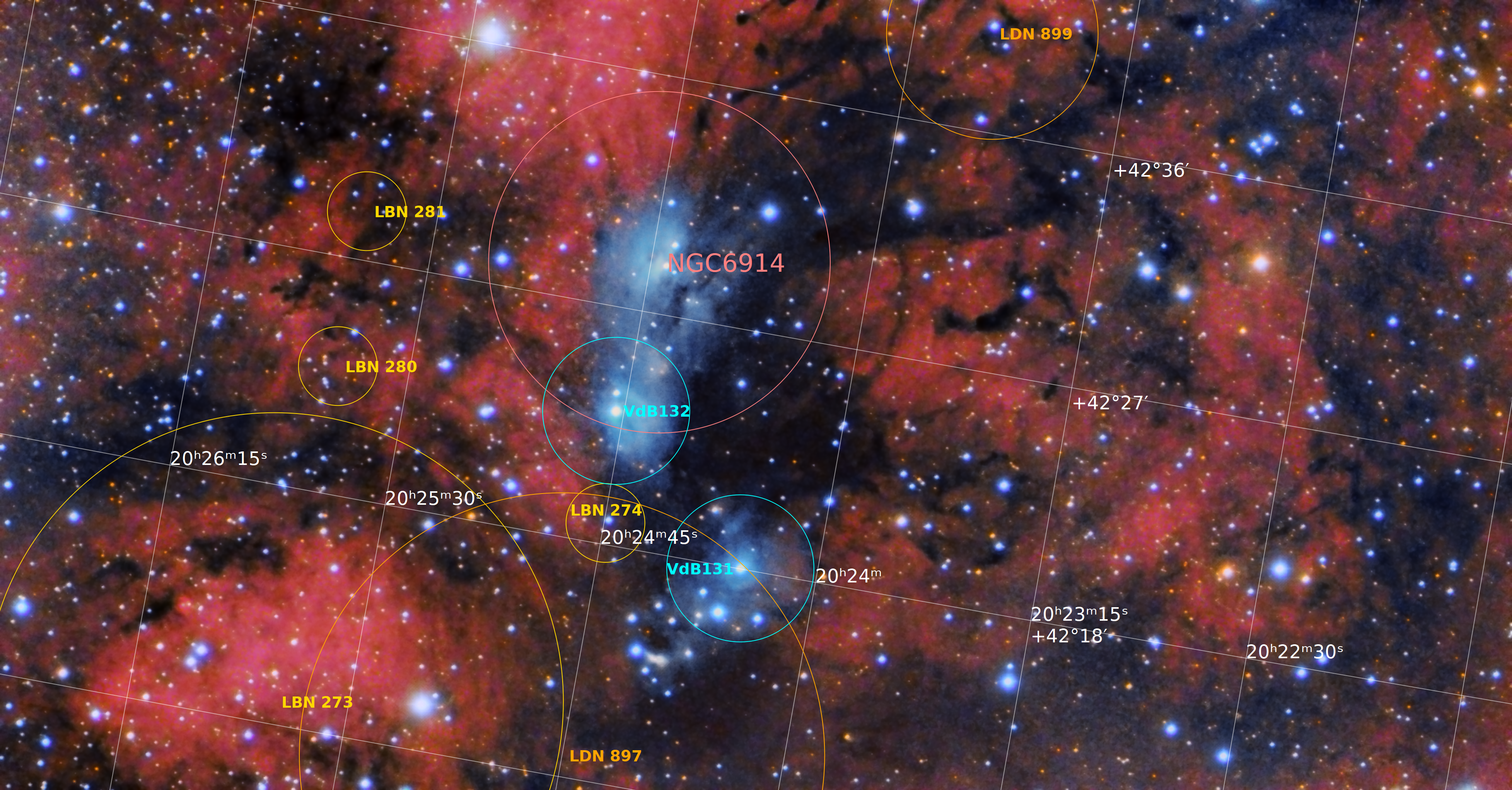 Annotated NGC6914, VdB131,132, LBN 273,274,280,281, LDN 897,899