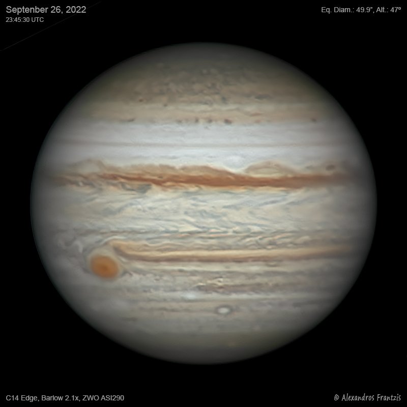 2022-09-26, Jupiter, C14 Edge, Barlow 2.1x, ASI 290, 23_45_30 UTC, 4h after opposition