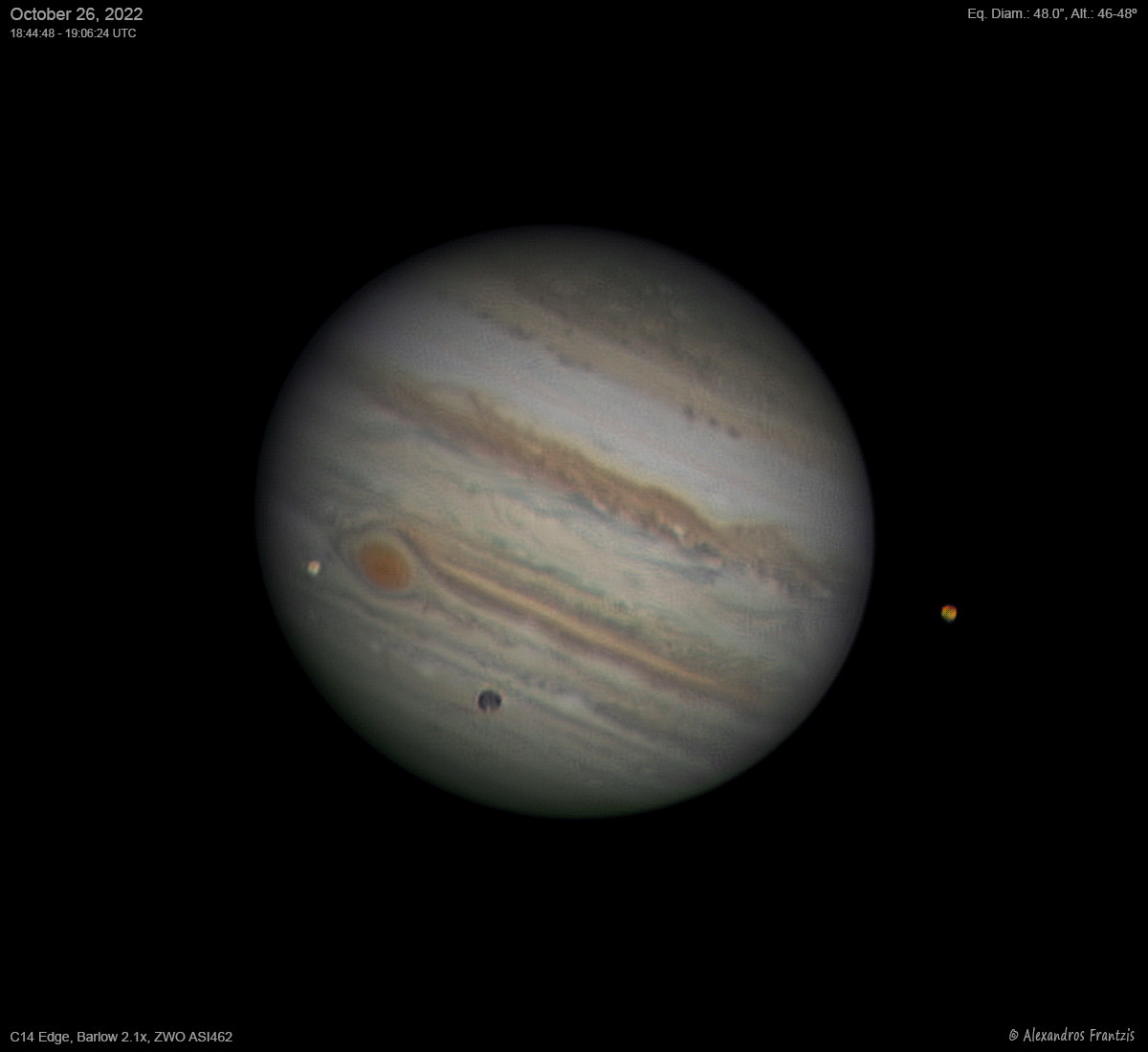 2022-10-26, Jupiter with Europa, Ganymede & Io, Animation of 22 min, C14 Edge, Barlow 2.1x, ASI 462, 18_44_48-19_06_24 UTC.gif
