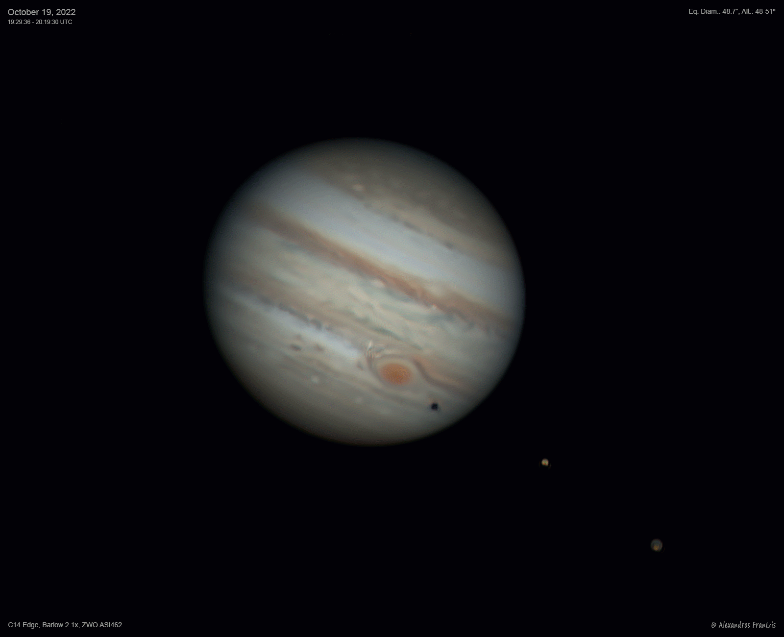 2022-10-19, 50 min Animation of Jupiter, Io, Europa, Ganymede, C14 Edge, Barlow 2.1x, ASI 462, 19_29_36 UTC