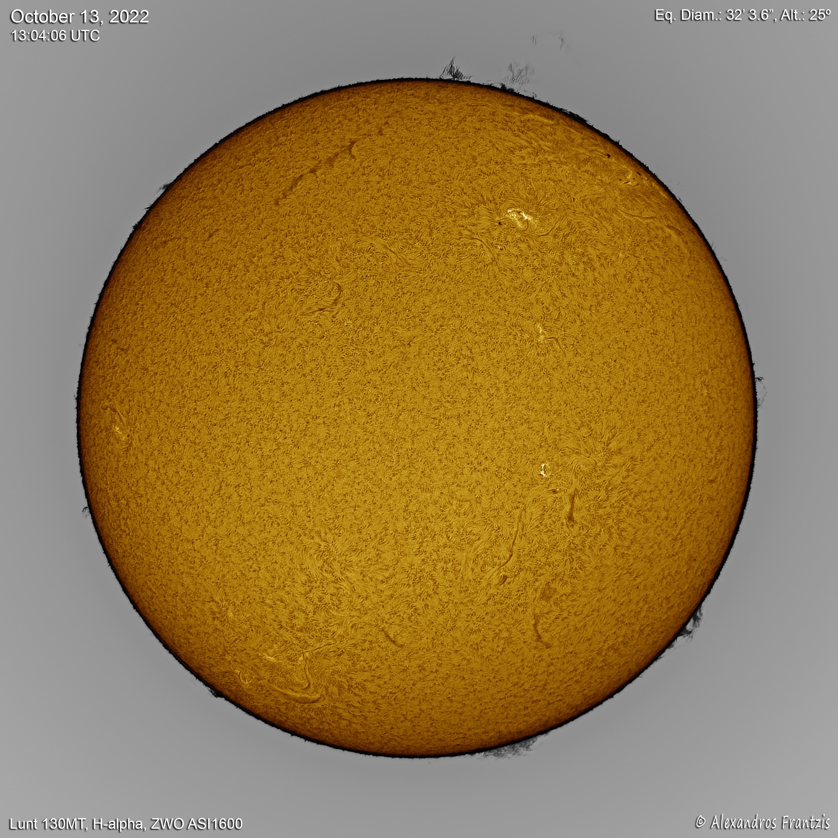 2022-10-13, Sun, Lunt130MT, H-alpha, ASI1600, 13_04_06 UTC