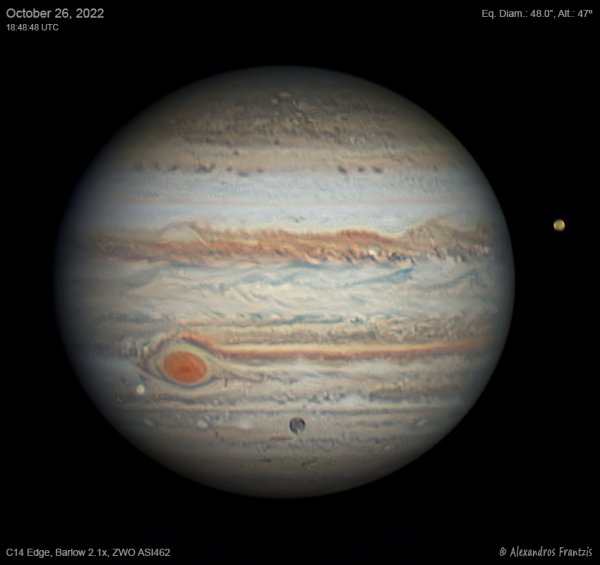 2022-10-26, Jupiter with Europa, Ganymede & Io, C14 Edge, Barlow 2.1x, ASI 462, 18_48_48 UTC