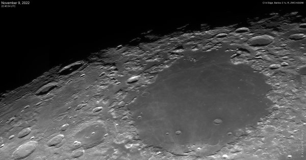 Περισσότερες πληροφορίες για το "2022-11-09, Mare Crisium, Moon 97.7 percent, 15d 12h, composite of 14 photos, C14 Edge, Barlow 2.1 x, R, ASI290, 22_46_54 UTC"