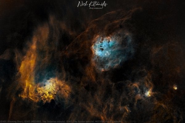 IC405 (Flaming Star), IC410 (NGC1893, The Tadpoles nebula), IC417 (The Spider nebula), NGC1931 (Fly Nebula) Starless