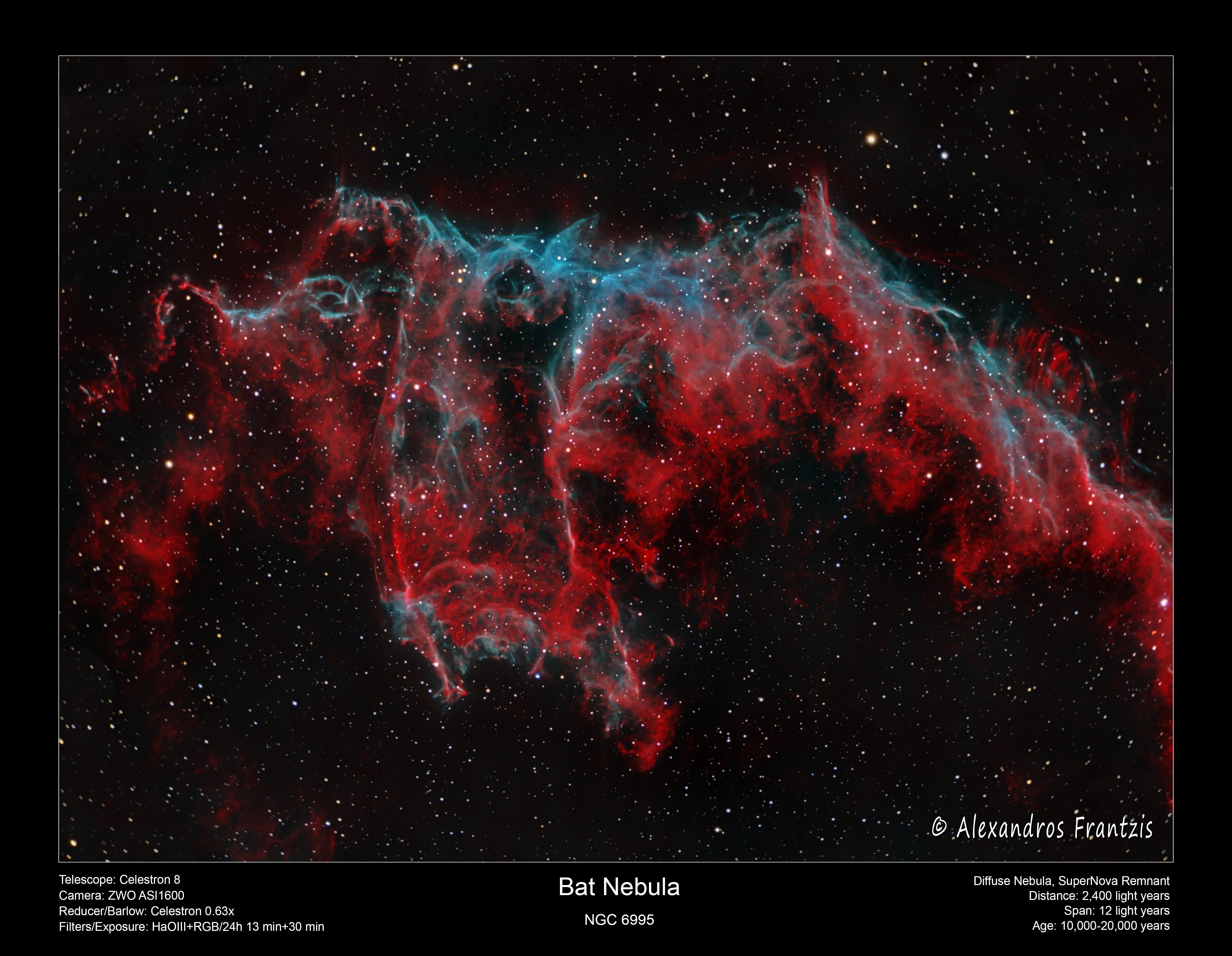 2022-7-7, 8 & 2022-8-7, 8, NGC 6995 Bat Nebula, HaOIII 24h 13 min, RGB 30 min, C8, Reducer 0.63x, ASI1600 framed