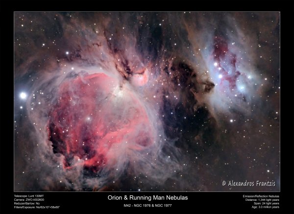 2023-3-14, M42 & M43 Orion & Running man Nebulas, 62x10 & 58x60 sec, Lunt130MT, ASI2600 framed