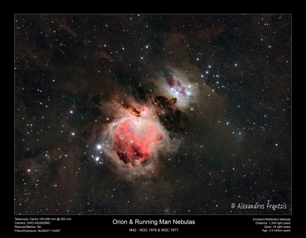 2023_3_26, M42 Orion & NGC 1977 Running Man Nebulas, 26x5 & 15x60 sec, Canon 100-400 mm @ 350mm, ASI2600MC, framed.jpg
