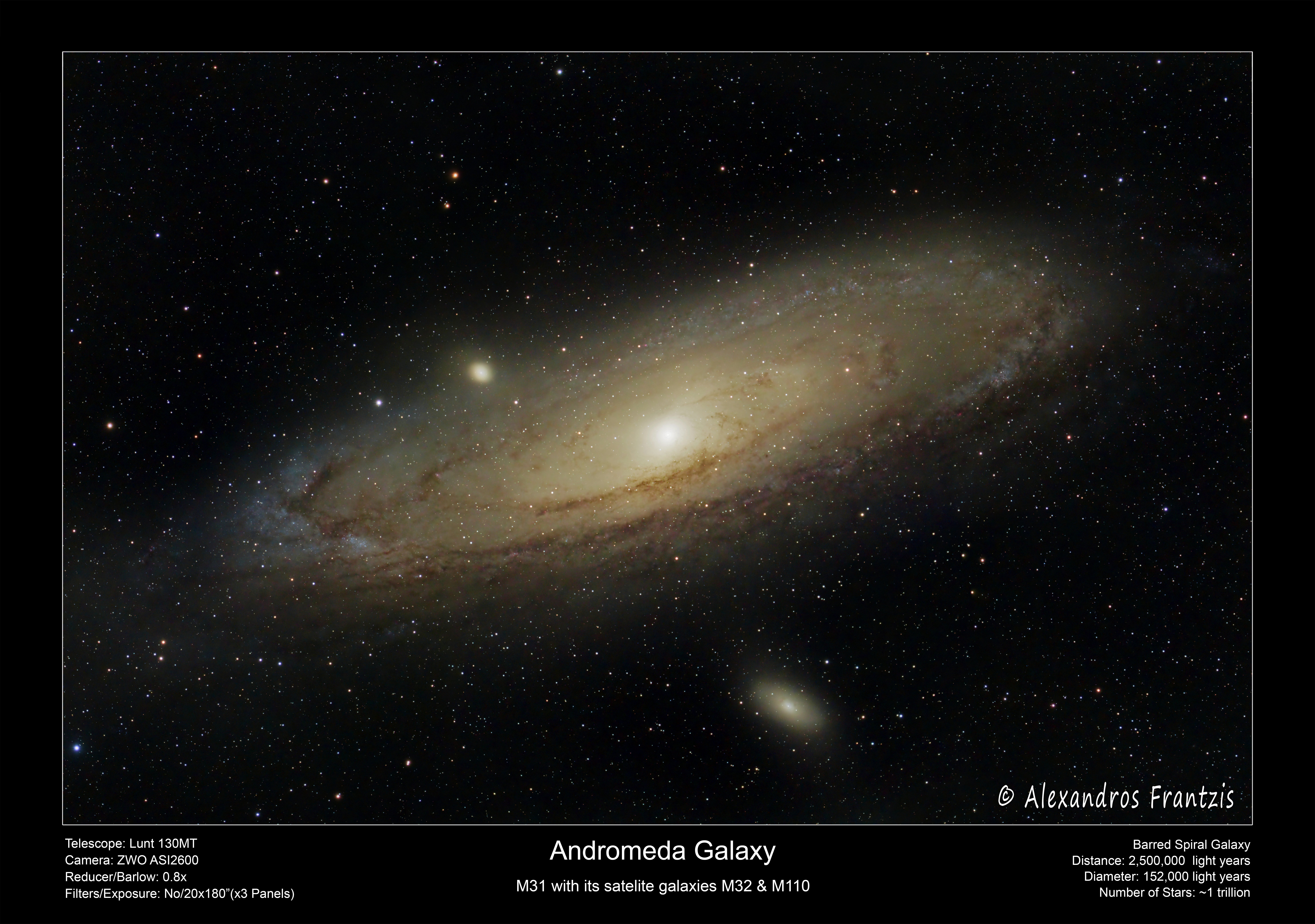 2023_11_8, M 31 Galaxy,  20x180 sec (x3 panels), Lunt130MT, 0.8x, ASI2600MC framed.jpg