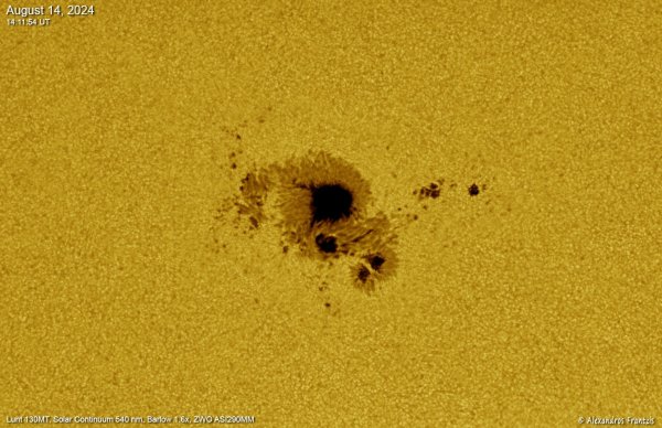 2024-08-14, Sun, AR 13784, Lunt 130MT, Continuum 540 nm, Barlow 1.6 x, ASI290, 14_11_54 UT