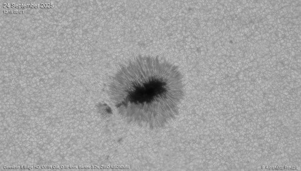 2025-09-24, Sun, AR 14225, C8 EdgeHD, UV-IR cut, O-III Ultranarrow 4 nm, Barlow 3.2 x, ASI290, 12_19_00 UT