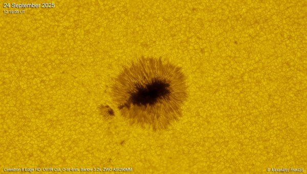 2025-09-24, Sun, AR 14225, C8 EdgeHD, UV-IR cut, O-III Ultranarrow 4 nm, Barlow 3.2 x, ASI290, 12_19_00 UT colour